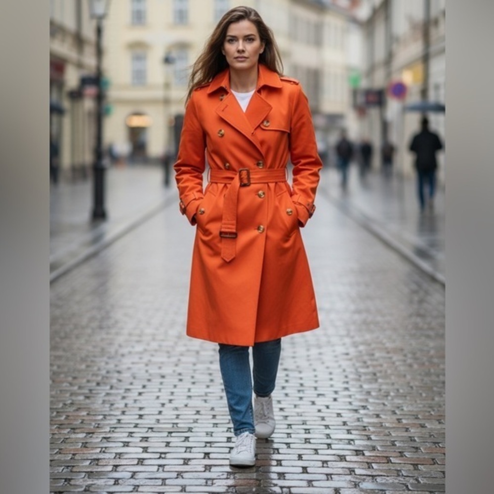 Michael Kors Vibrant Poppy Orange Trench Coat with detachable wool lining XS